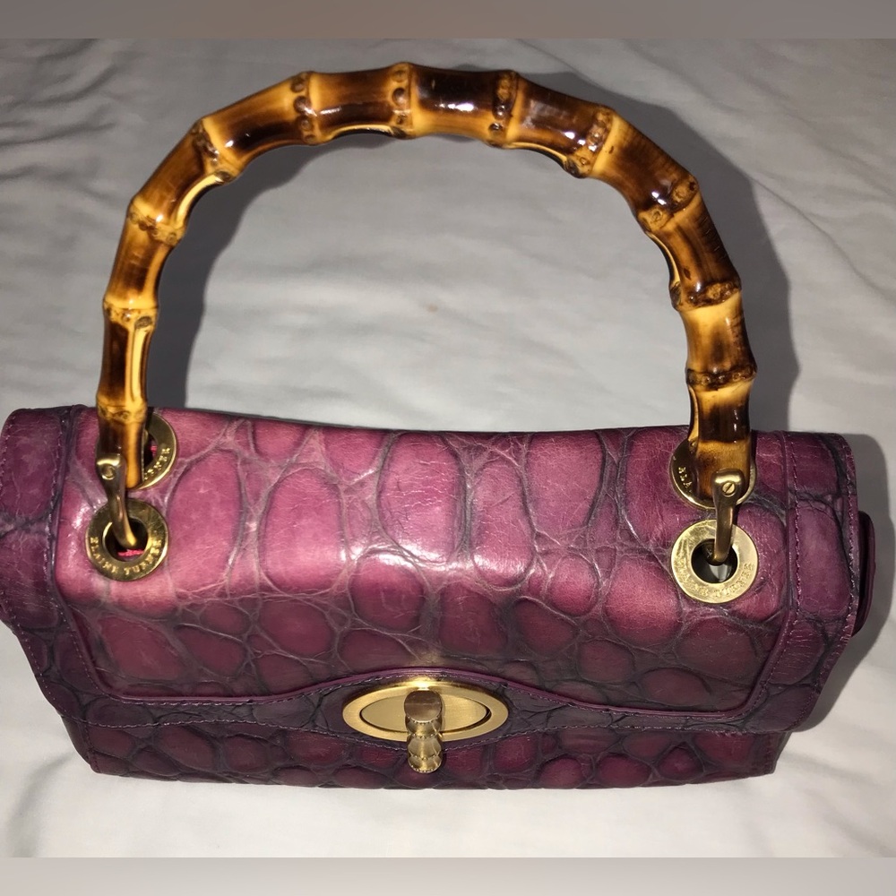 Elaine Turner Rare purple Croc turn lock wooden handle red lining - Picture 16 of 16
